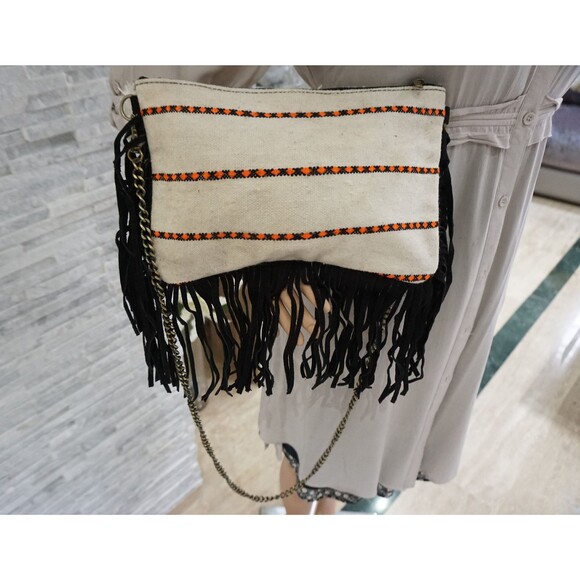Moroccan Fringe Bag Handira Kilim Suede Leather Clutch with Chain Strap - Picture 4 of 10